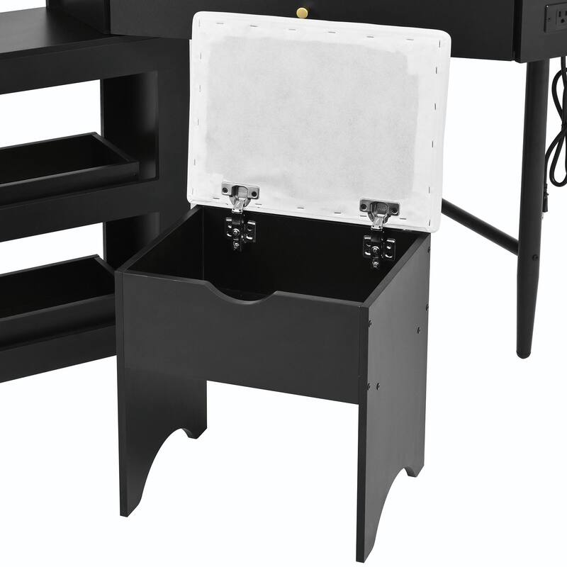Triangle Makeup Desk with Removable Pull-Out Side Cabinet, Glass Tabletop Makeup Vanity with Drawer and Shelf