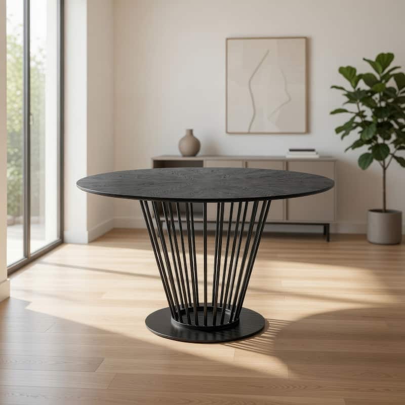 47 Inch Dining Table, Round Top, Modern Black Iron Metal Pedestal Base