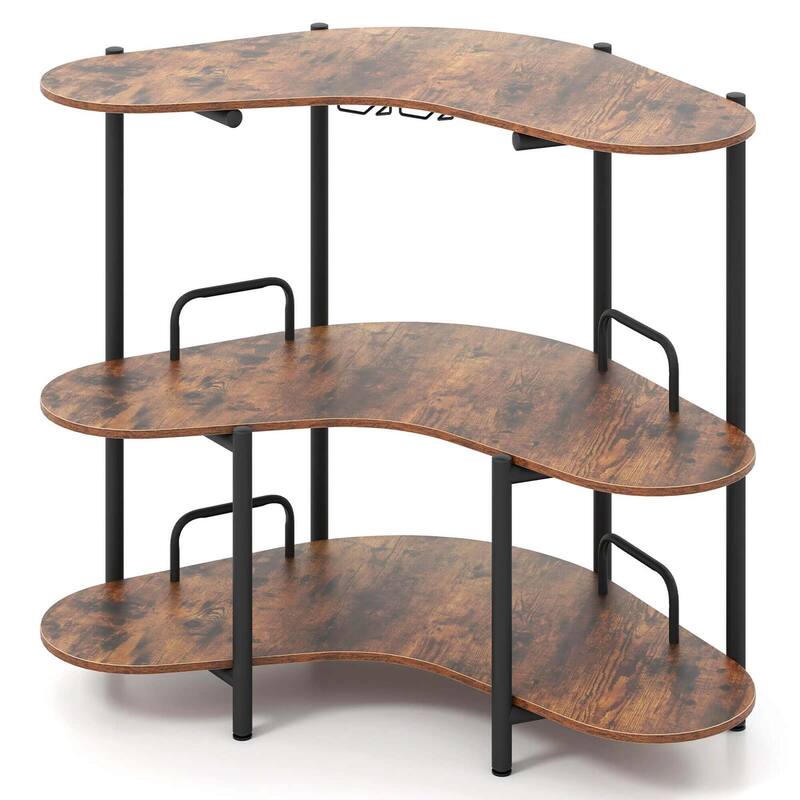 3 Tier Corner Bar Table Wine Bakers Rack w/ Wine Glasses Holder - Brown