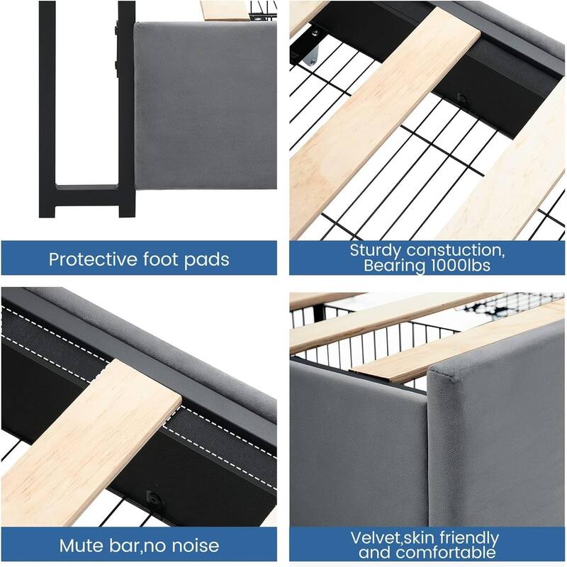Velvet Bed Frame with Four Storage Drawers and USB Charging Station