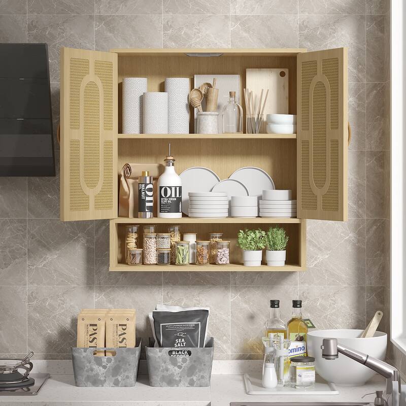 Javlergo Rattan Oak Wall Mounted Bathroom Storage Cabinet with Adjustable Shelves & Open Shelf Double Door Medicine Cabinet