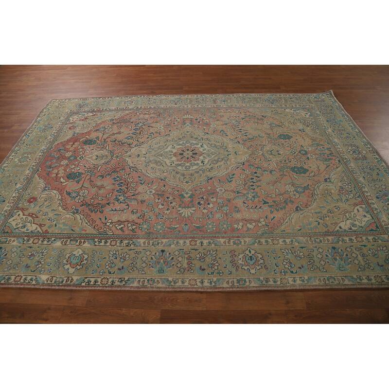 Hand Knotted Oriental 100% Wool Carpet Traditional Floral Pink Tabriz Area Rug - 9' 2'' X 6' 6''