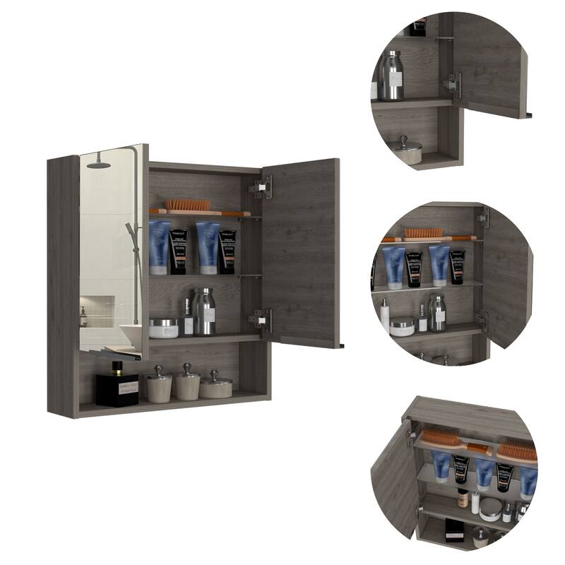 Mirror Cabinet - Double Doors, 3 Internal Shelves, 1 Open Shelf, Wall-Mounted Bathroom Storage