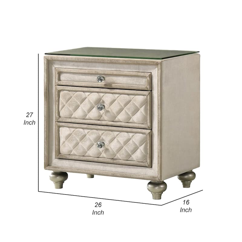 Willa Nightstand, 2 Drawers, Pull Out Tray, 27 Inch Wood, Beige Velvet