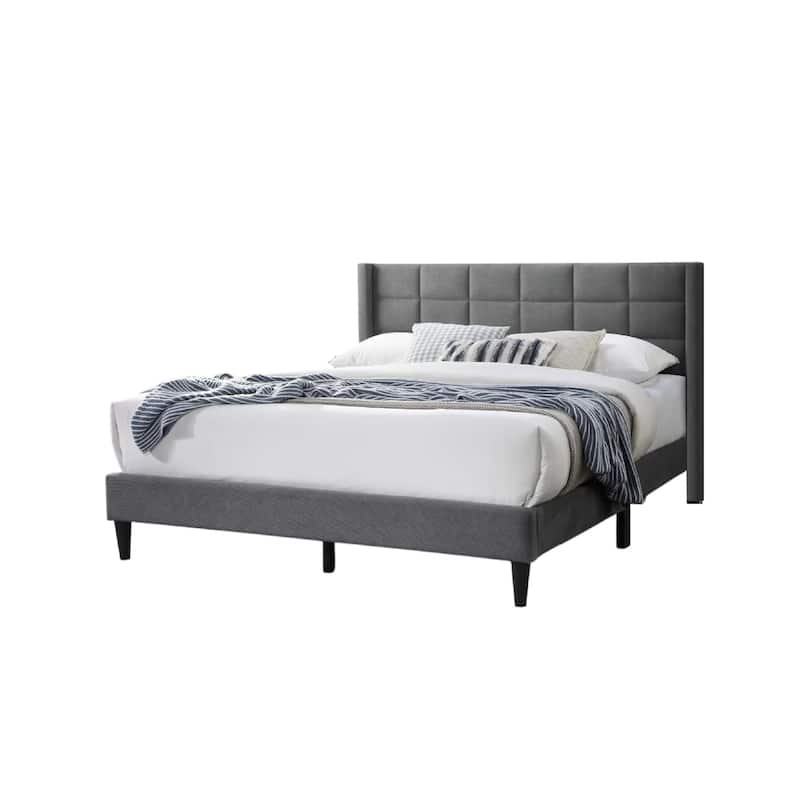 Zensa Full Bed, Light Gray Linen Upholstery, Padded Wing Headboard