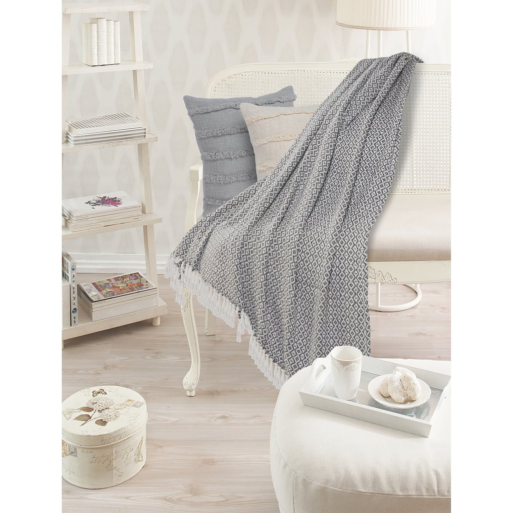 Sevita Gray and Ivory Diamonds Fringe Standard Size Throw Blanket