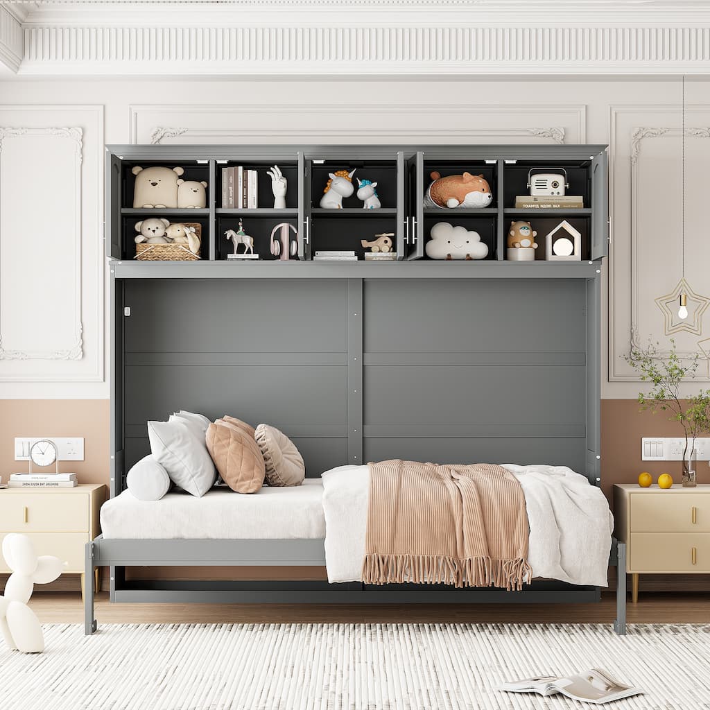 Grey Queen Size Wall Bed Storage Murphy Bed with Dual Piston Metal Folding Mechanism, Top Cabinets & Horizontal Flip Bed Frame