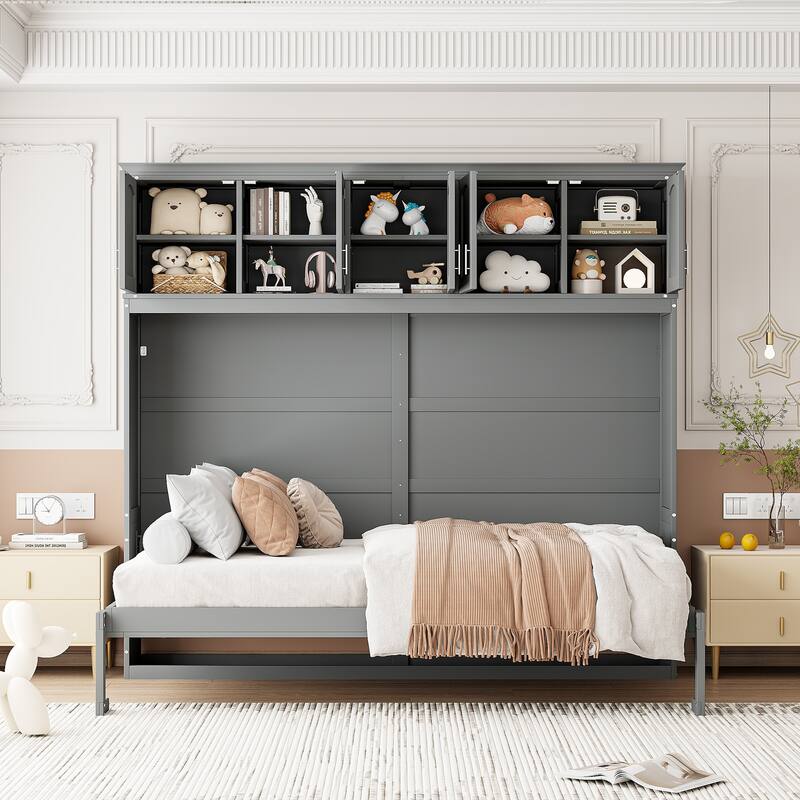 Space-Saving Queen Murphy Wall Bed with Top Cabinets, Easy Fold Mechanism, No Box Spring Needed, Ideal for Multi-Use Rooms