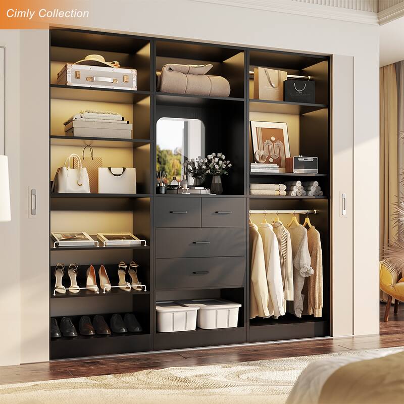 Cimly Set of 3 Freestanding Closet System with Drawers and Shoe Racks, 75'' Closet Organizer with Hanging Rods and Mirror - Black