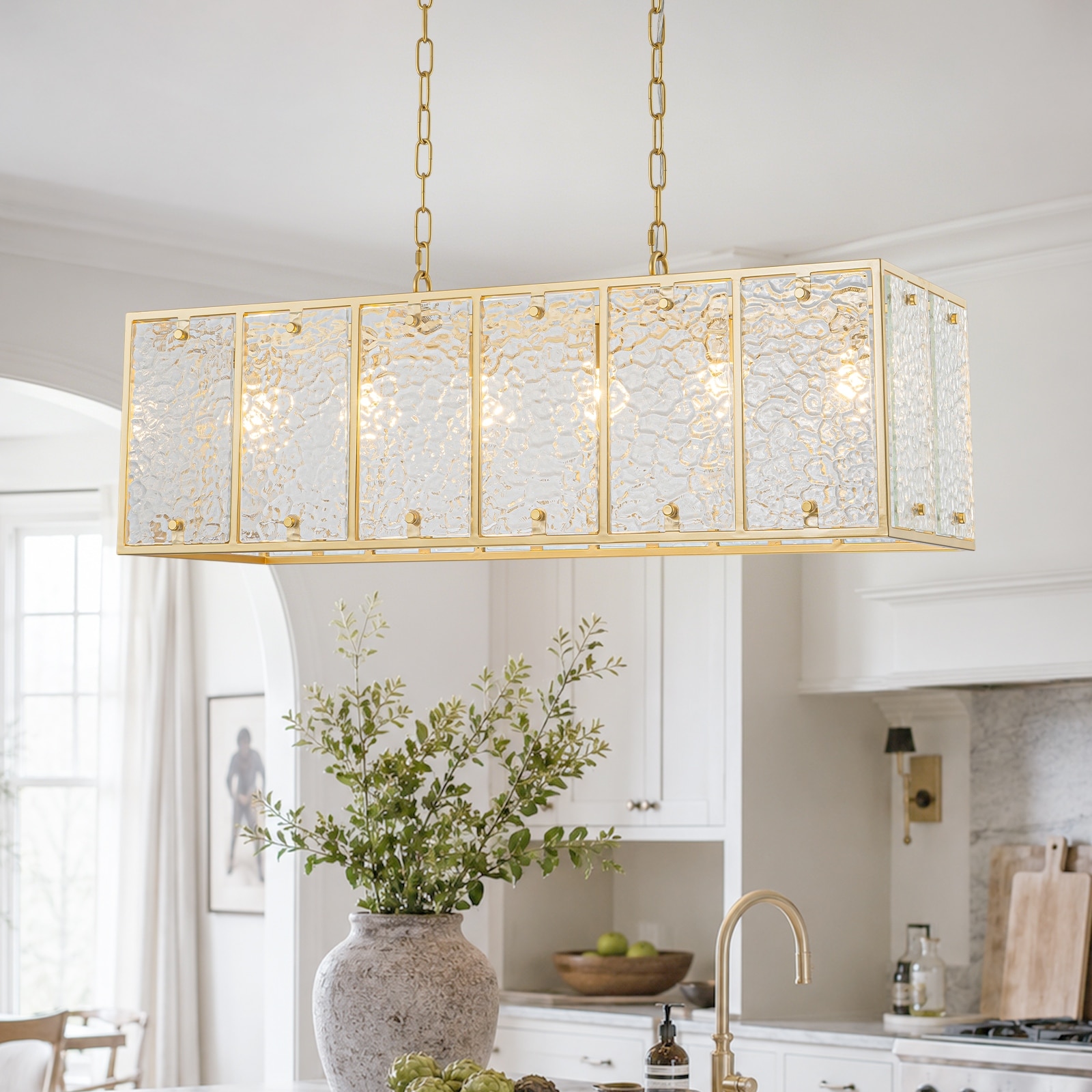 6-Light Linear Chandelier Hammered Glass Kitchen Island Pendant Light - W33.46inch