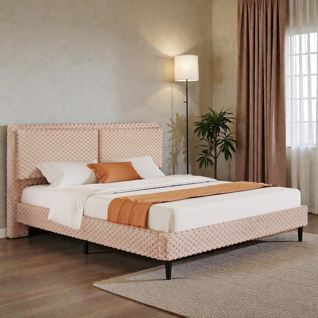 Modern Plush Upholstered Bed with Soft Padded Backrest, Solid Wood Frame & Rounded Safety Design, Queen/King