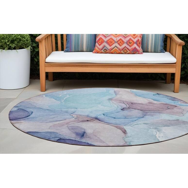 Dava Unique Abstract Weather Resistant Blended Style Outdoor Rug - 8' Round - Blue