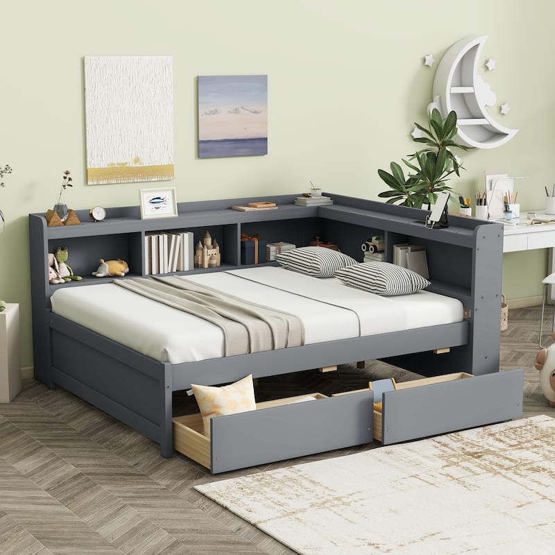 L-shaped Bookcases Bed Captains Bed with Power Outlets, USB,2 Drawers