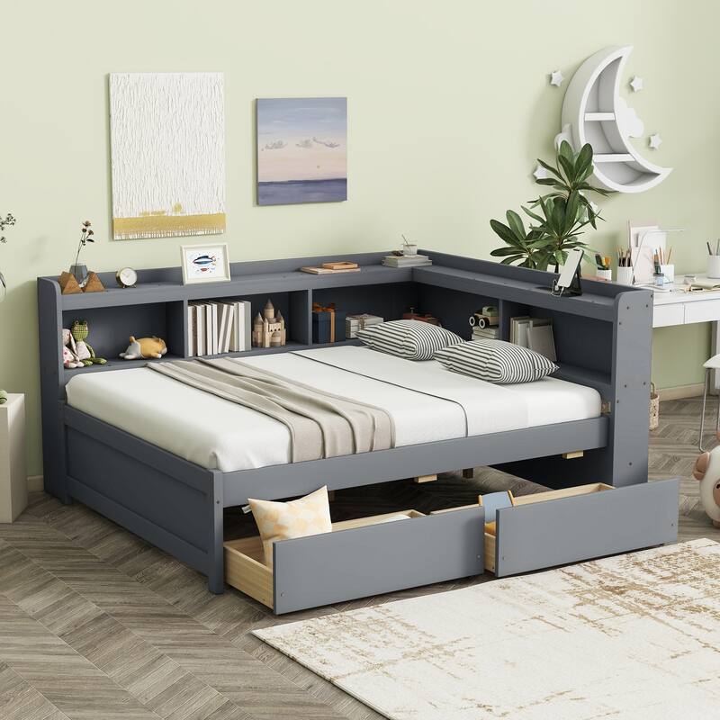 Wooden Platform Sofa Bed Frame with L Shaped Bookcase and Charging Station, Living Room Corner Daybed with 2 Storage Drawers