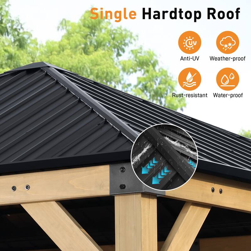 Aoodor 10 x 10 ft Wooden Frame Gazebo with 2-Tier Galvanized Metal Hardtop Roof, Outdoor Patio Gazebo with Charging Socket