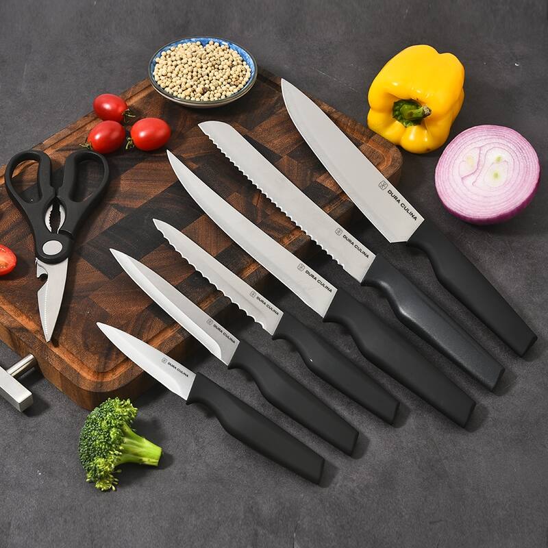 14-Piece Knife Block Set - High Carbon Stainless Steel Kitchen Knives Built-In Sharpener, Black Wood Storage Block