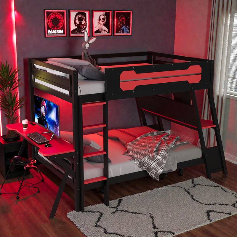Twin/Full Gaming Bunk Bed with Dual Desks, USB Charging Ports and Pegboard Organizer, Gamer Bunk Frame - Red - Full