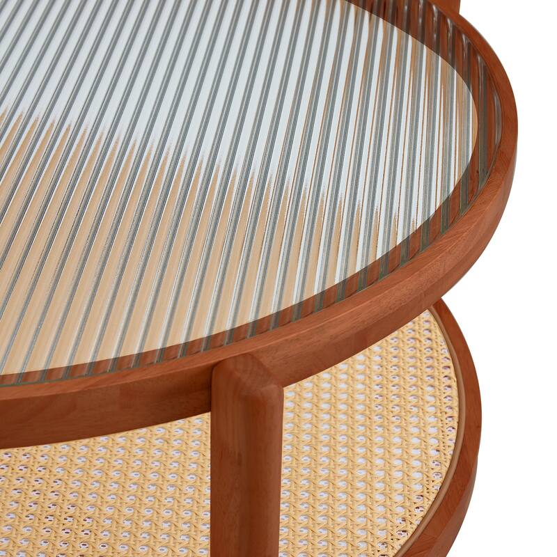 Circular Double-Layer Coffee Table, Glass Coffee Table with Open Rattan Storage Shelf Solid Wood Frame Tea Table