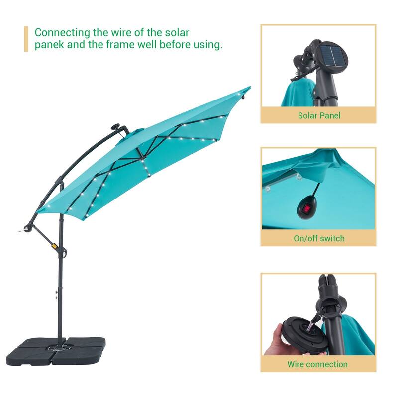 LIVOOSUN Solar Powered 8.2ft LED Patio Offset Umbrella With Base