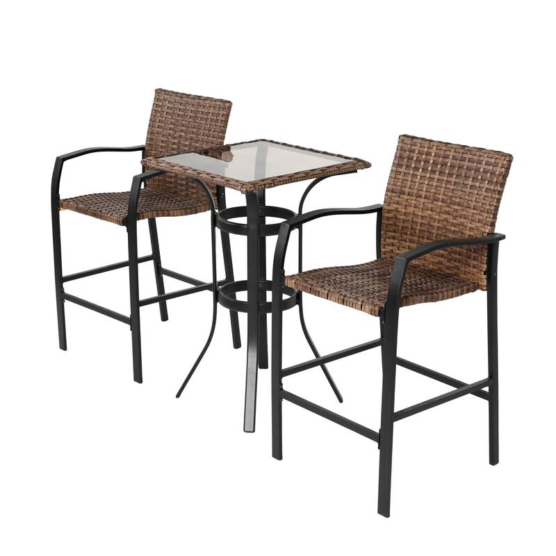 3-Piece Outdoor Rattan Bistro Set with Glass Top Table, Wicker Stools