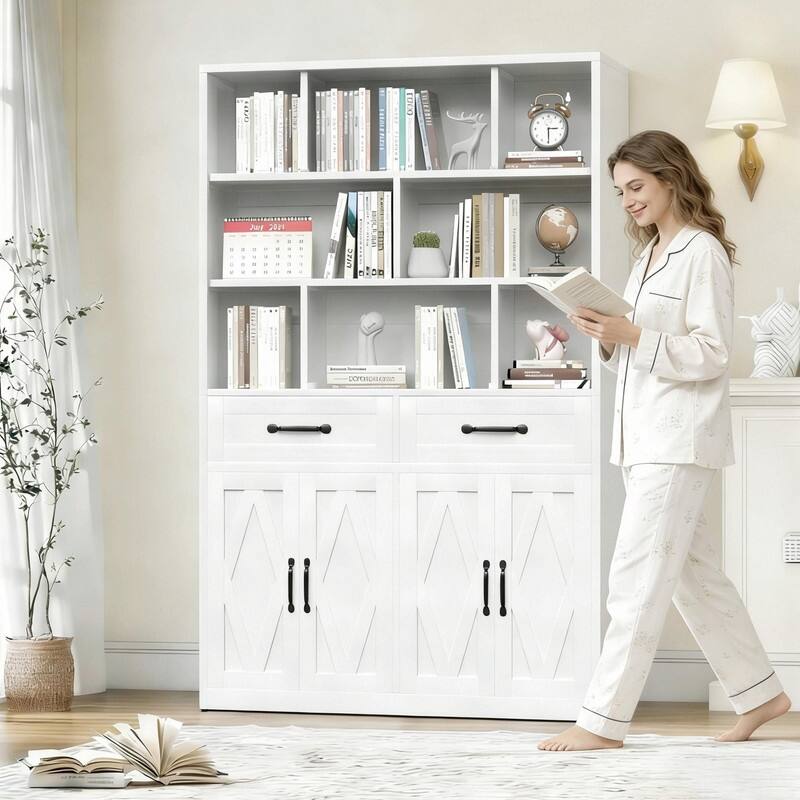 71" Tall Metal Bookcase with 2 Doors, 2 Drawers and Open Shelves