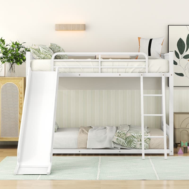 Twin over Twin Metal Bunk Bed with Slide & Ladder