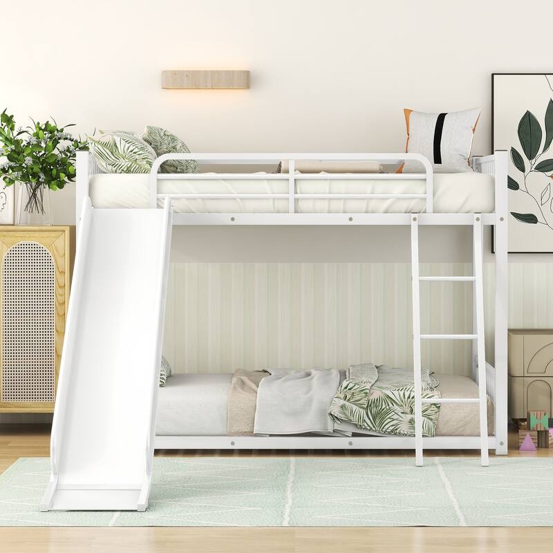 Twin over Twin Metal Bunk Bed with Slide and Ladder, Metal Bunk Bed Frame with Full-Length Guardrail, No Box Spring Needed