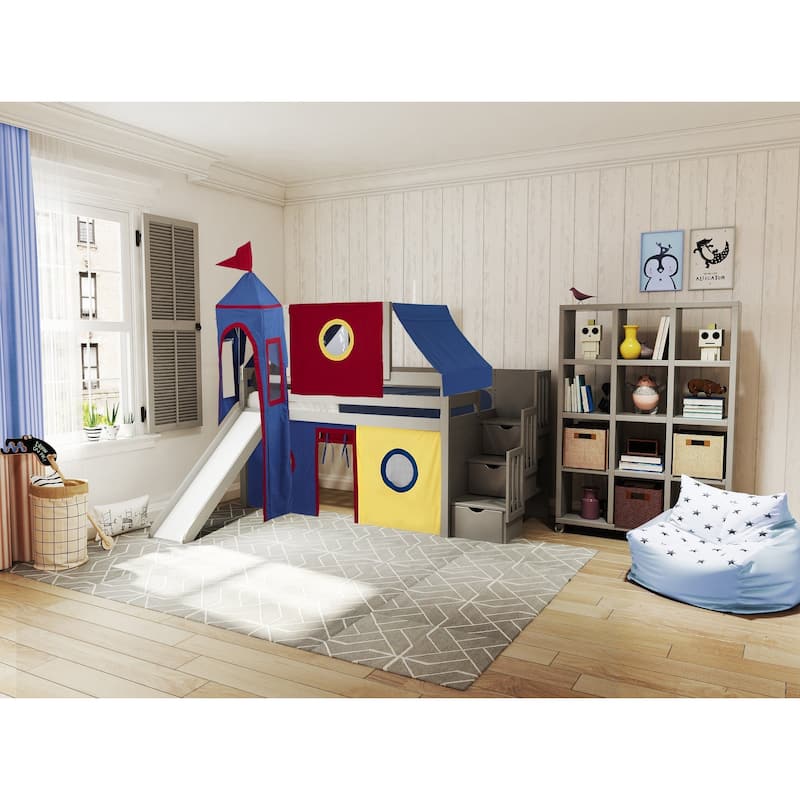 JACKPOT Prince & Princess Low Loft Twin Bed, Stairs Slide Tent & Tower