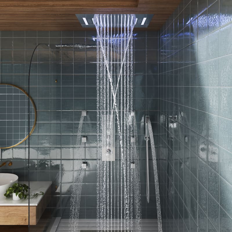 Luxury 4-Spray Patterns 23 in. Ceiling Mount Shower System with Handheld Shower Head, 6 Body Jets, LED, and Music - 15" x 23"