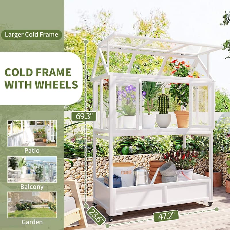 62″ Portable Wood Cold Frame Greenhouse with Storage Box