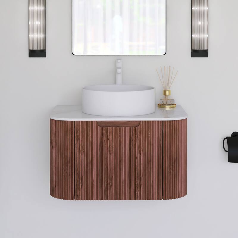 Plywood Wall-Mounted Bathroom Vanity Set with Integrated Ceramic Sink in Natural Wood - 24.02" x 18.9" x 19.29" - Walnut