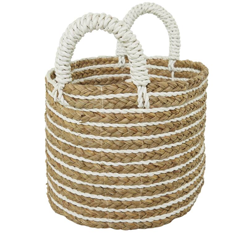 Seagrass Handmade Two Toned Storage Basket with Handles - Set of 3 Brown - CosmoLiving by Cosmopolitan