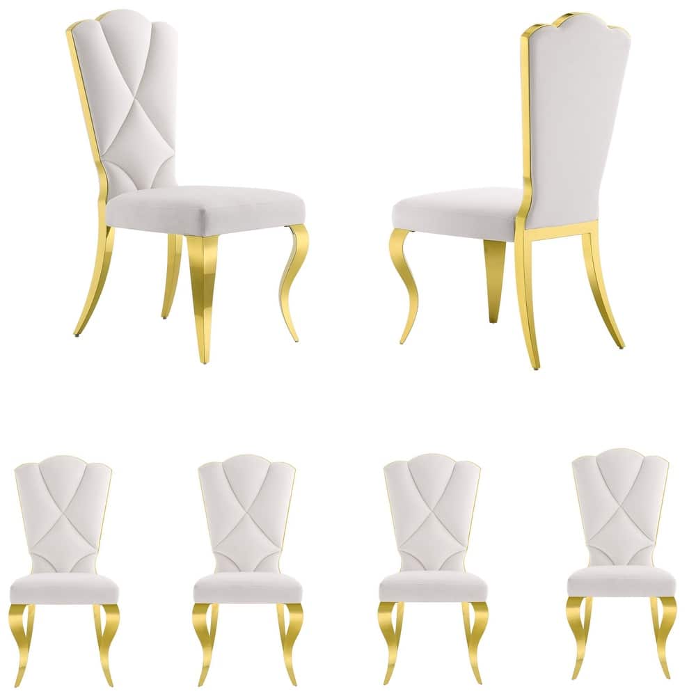 Modern Gorgeous High Back Dining Chairs White Velvet Upholstered Dining Room Chairs with Gold Metal Legs