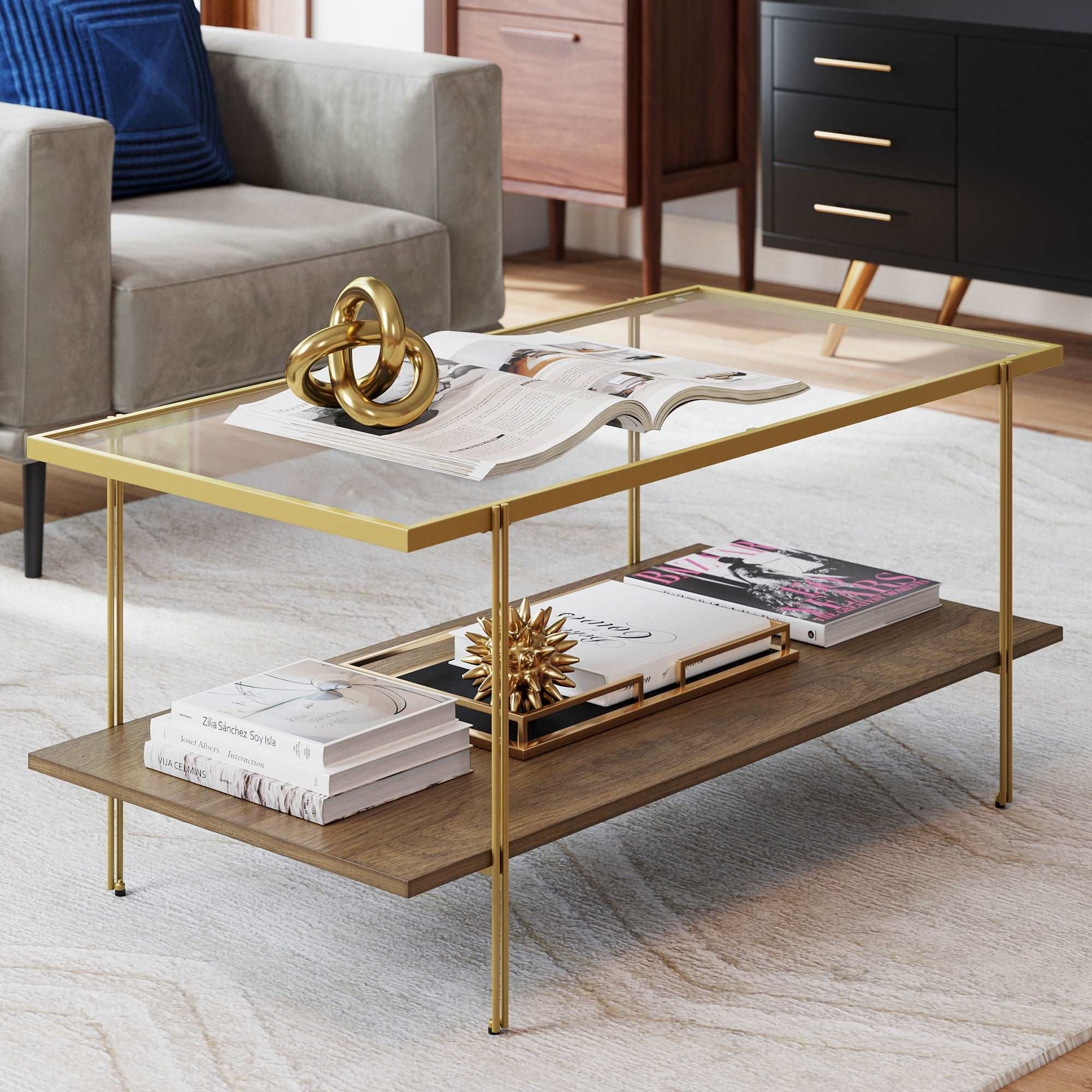 Nathan James Asher Mid-Century Coffee Table Glass Top Oak Shelf