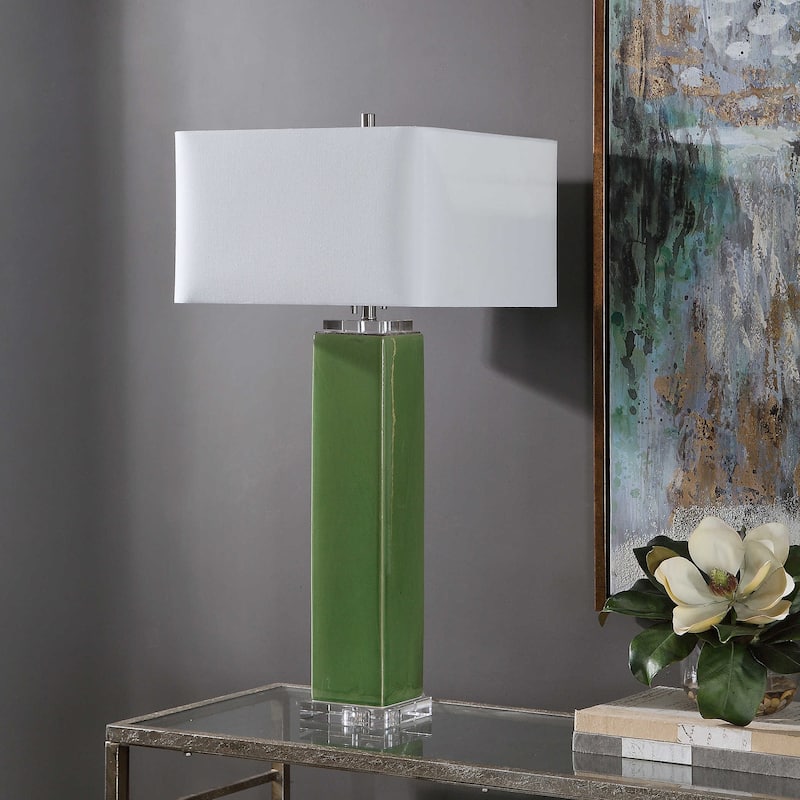 Tropical Glaze Ceramic Table Lamp with White Square Shade - 32" - Green