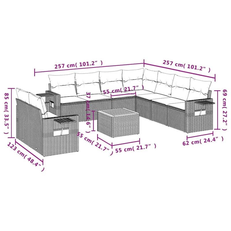 vidaXL Garden Sofa Set 10 Piece with Cushions Outdoor Sofa Set Poly Rattan - 21.7 x 21.7 x 14.6 in (W x L x H)