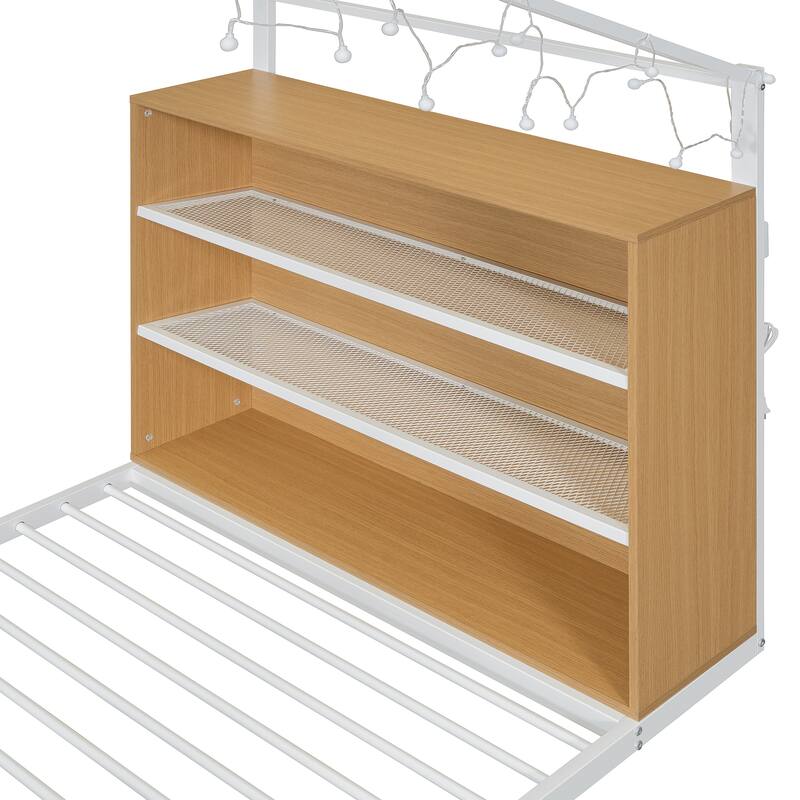 Full Size House Bed Frame with Metal Slats, Built-in Shelves, and LED Lights, Fun Playhouse Design for Kids