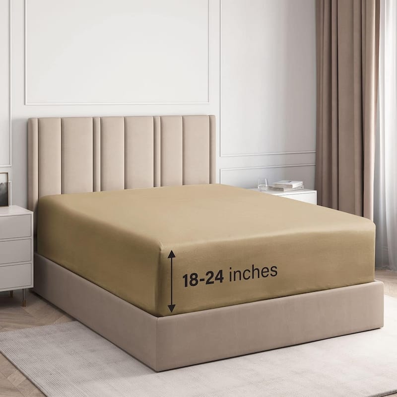 CGK Linens Microfiber Extra Deep Pocket 18" - 24" Inch Fitted Sheet - Queen - Beige