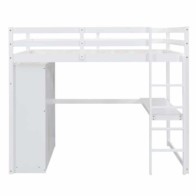Full Size Loft Bed with Wardrobe, Desk, Storage Shelves, and Drawers
