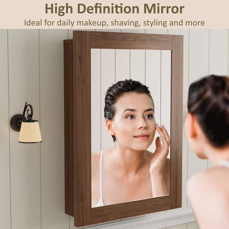 Wood Medicine Cabinet with Mirror, Adjustable Shelves, Walnut, Recessed/Wall Mount