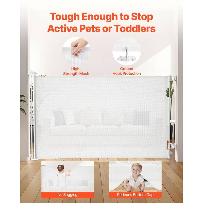 Retractable Baby Gate with Escape-Proof Bottom Hook and Mesh Design for Kids and Pets Safety