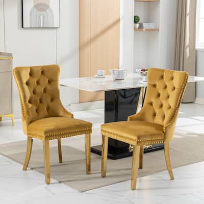 Set of 2 Modern Tufted Solid Wood Velvet Upholstered Dining Chair with Golden Stainless Steel Plating Legs,Nailhead Trim