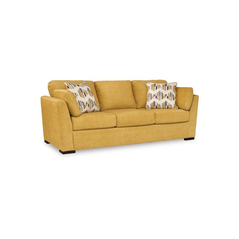 Viena Sofa, 2 Accent Throw Pillows, Soft Yellow Faux Velvet 92 Inch