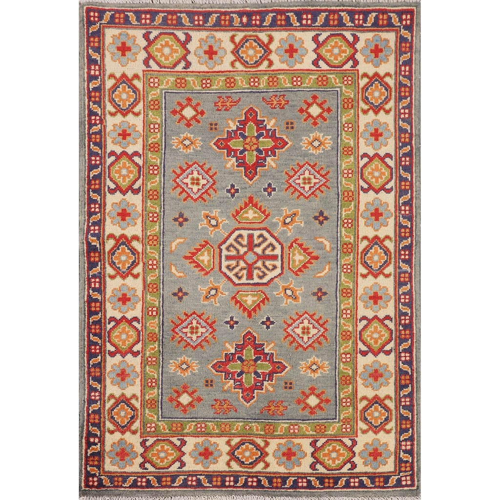 Geometric Kazak Accent Rug Hand-Knotted Grey Wool Carpet - 2'8" x 4'1"