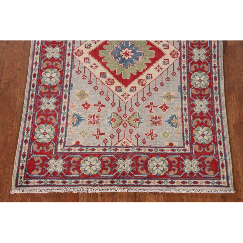 Grey Geometric Kazak Oriental Accent Rug Handmade Wool Carpet - 3'3"x 4'10"