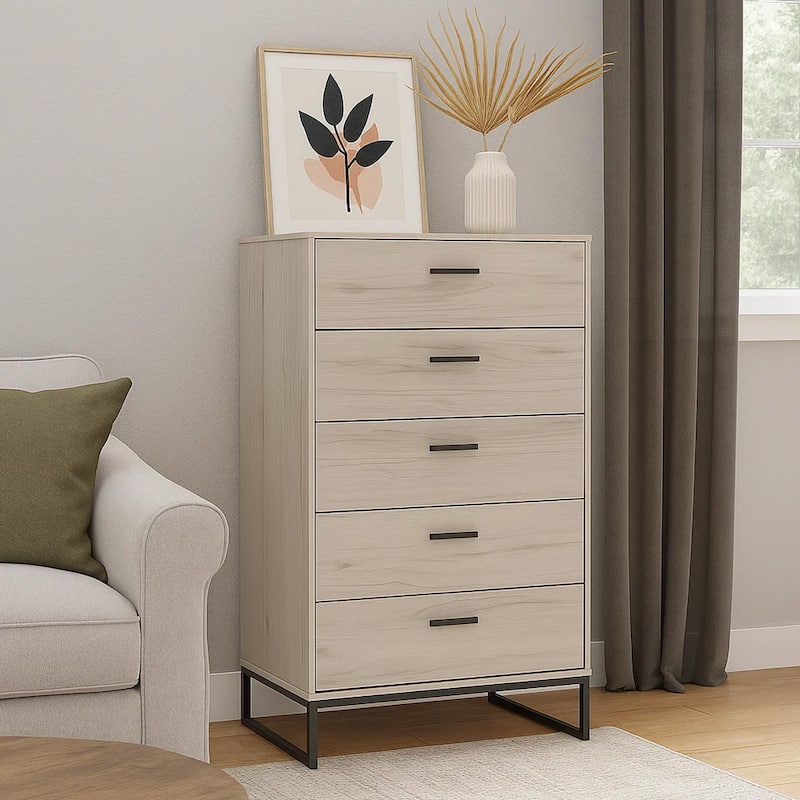 Zed 51 Inch 5 Drawer Chest, Natural Beige Wood Frame, Black Metal Base