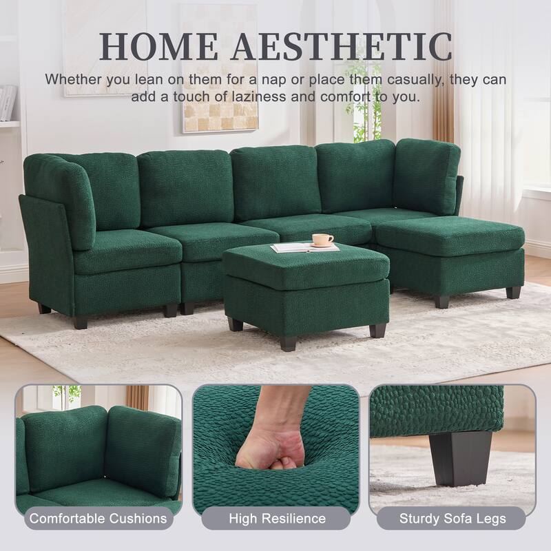 HOMEFUN 6-Seat Polyester Upholstered U-Shaped Modular Storage Sleeper Sectional Sofa with Storage Ottoman
