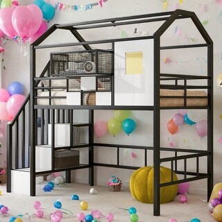 Twin Metal Loft Bed With Roof Design And A Storage Box, With Storage Case, Sturdy Metal Frame,Easy Assembly, Black