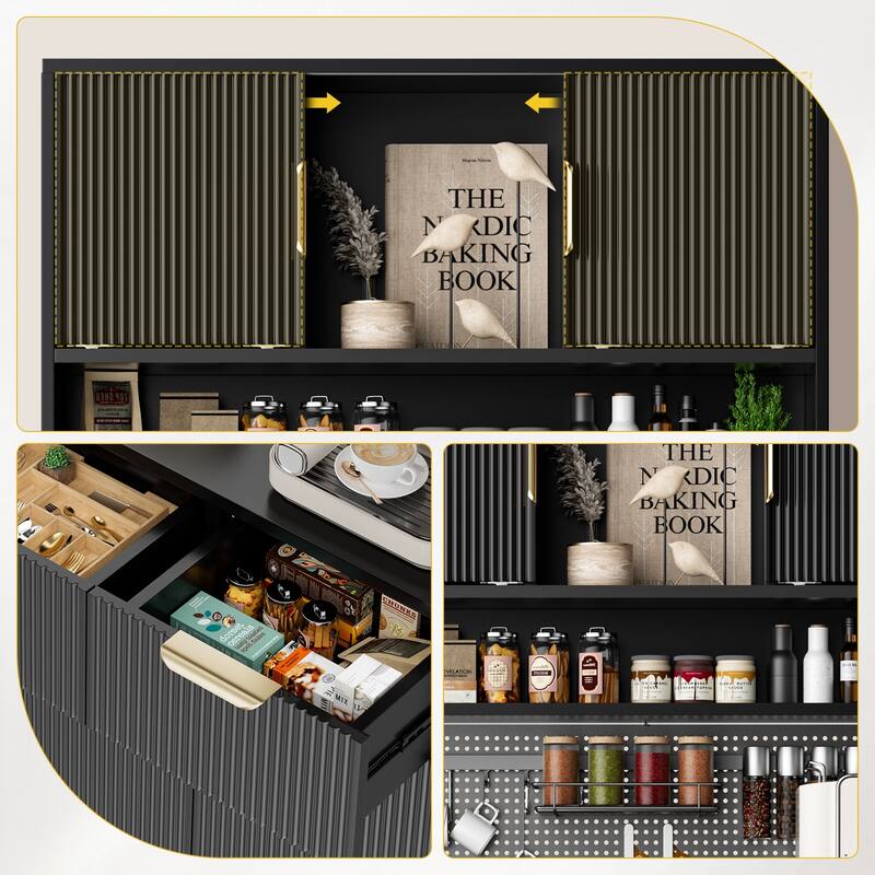 Pocassy 71" Fluted Hutch Storage Cabinet with Storage Pegboard