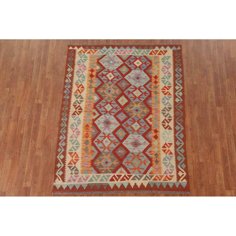Hand Woven Oriental 100% Wool Carpet Southwestern Geometric Red Kilim Area Rug - 6' 3'' X 4' 11''